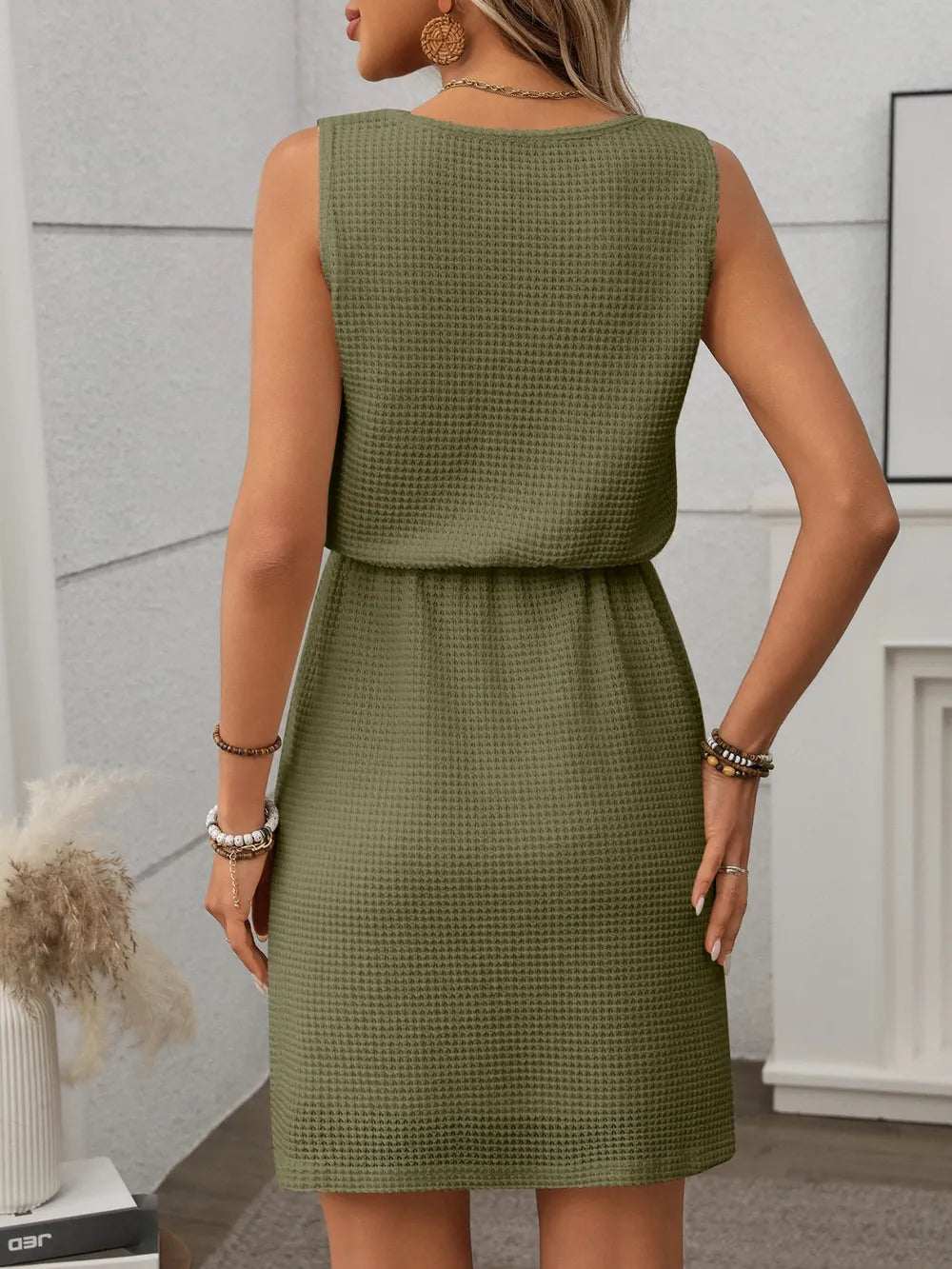 Breezy Waffle-Knit Drawstring Mini Tank Dress