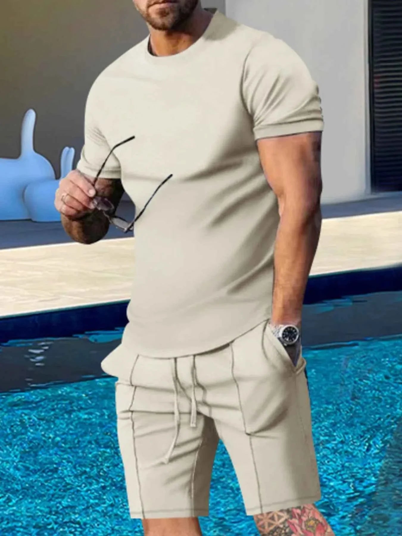 Men's Plus Size Round Neck Short Sleeve Top and Shorts Set