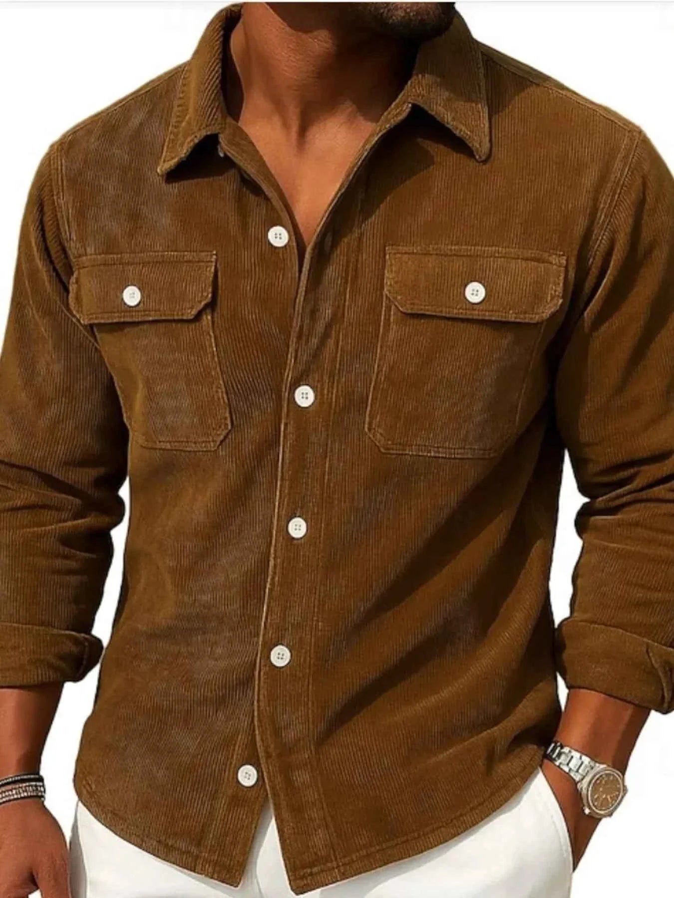 Men's Full Size Corduroy Long Sleeve Button-Down Shirt