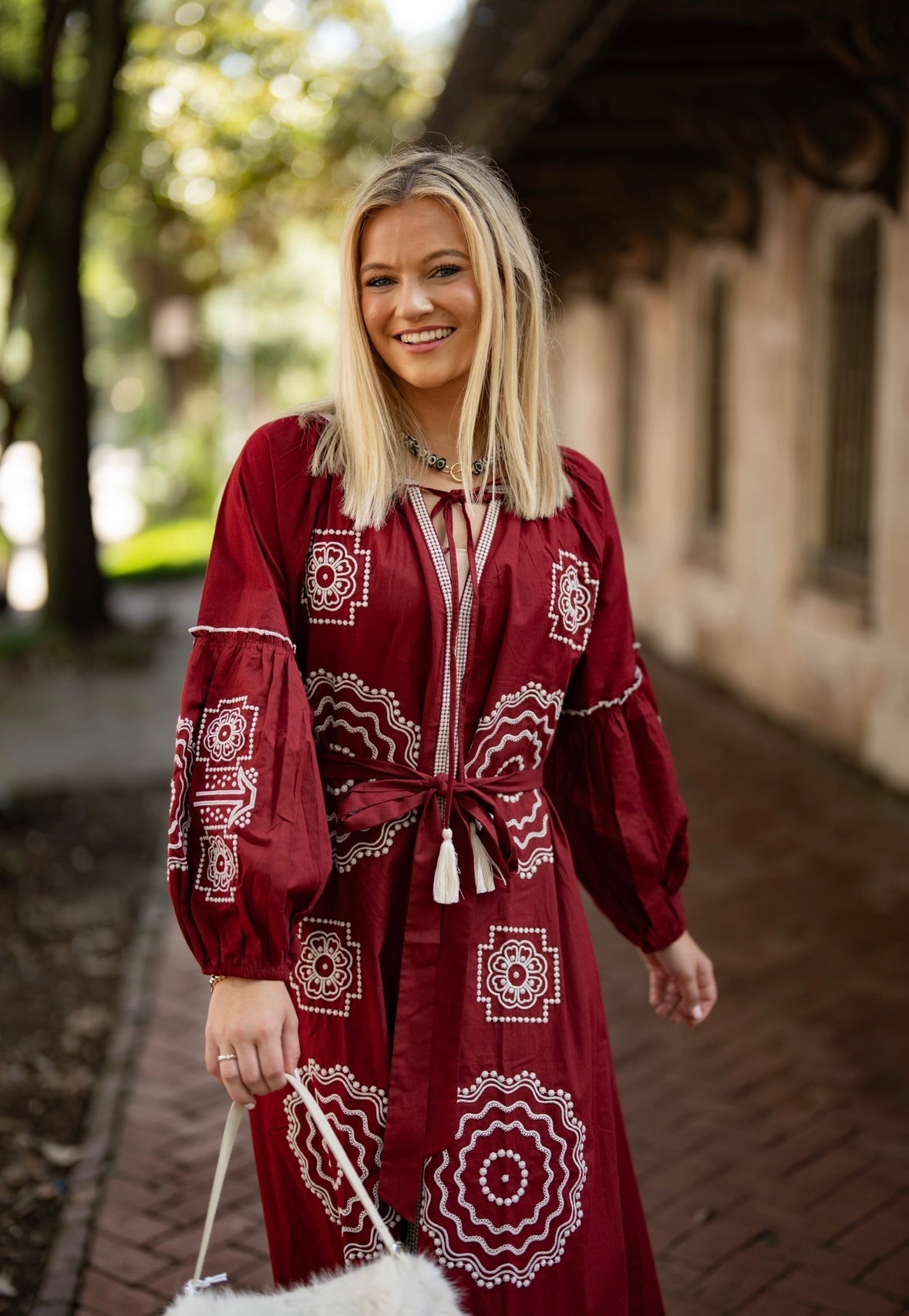 Crimson & White Elegant Embroidery