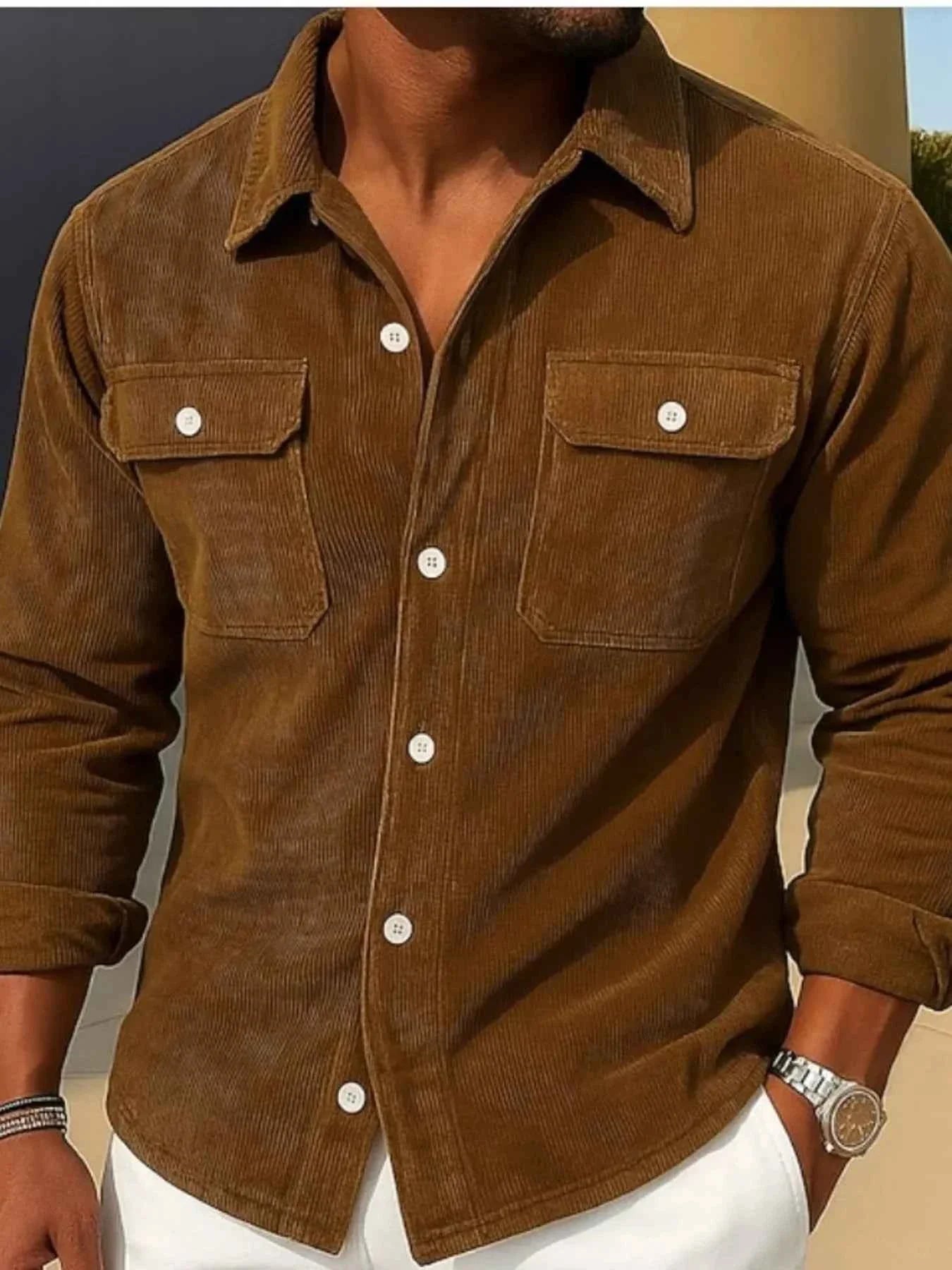 Men's Full Size Corduroy Long Sleeve Button-Down Shirt