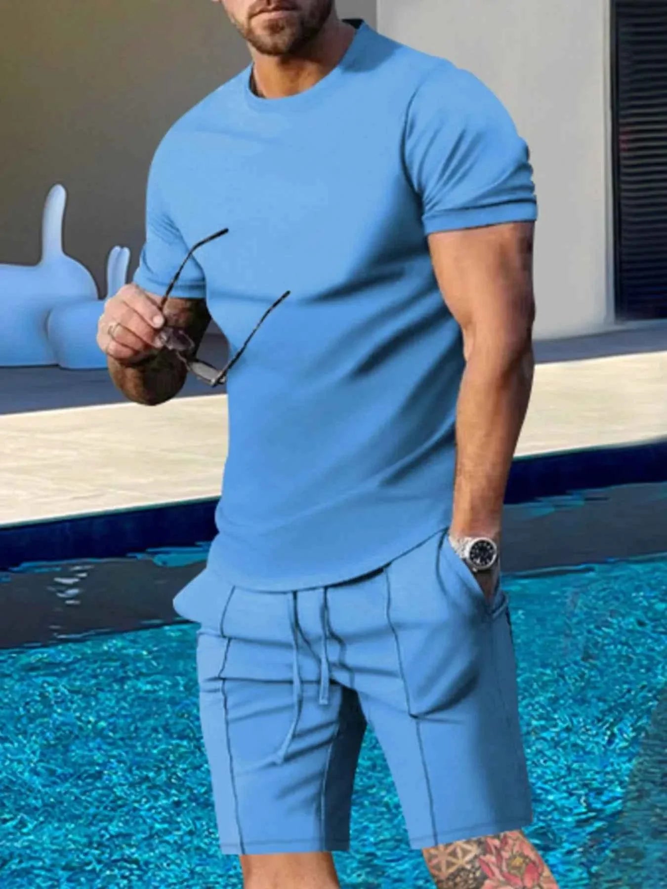 Men's Plus Size Round Neck Short Sleeve Top and Shorts Set