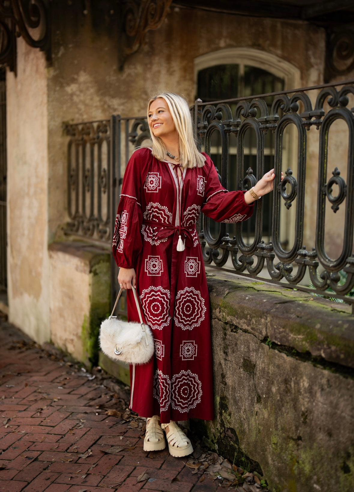 Crimson & White Elegant Embroidery