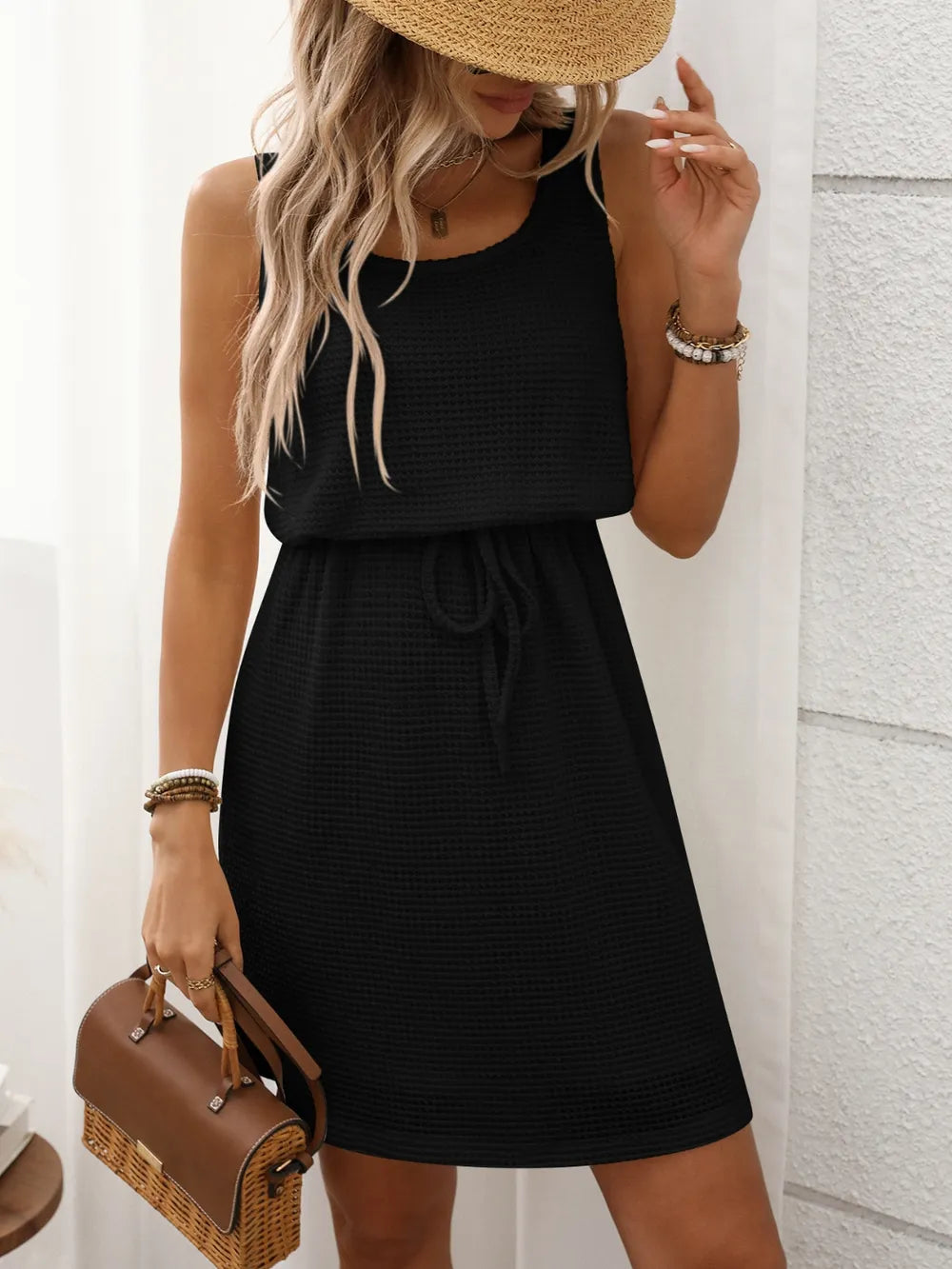 Breezy Waffle-Knit Drawstring Mini Tank Dress