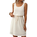 Summer New Square Neck Drawstring Sleeveless Vest Dress with Lining