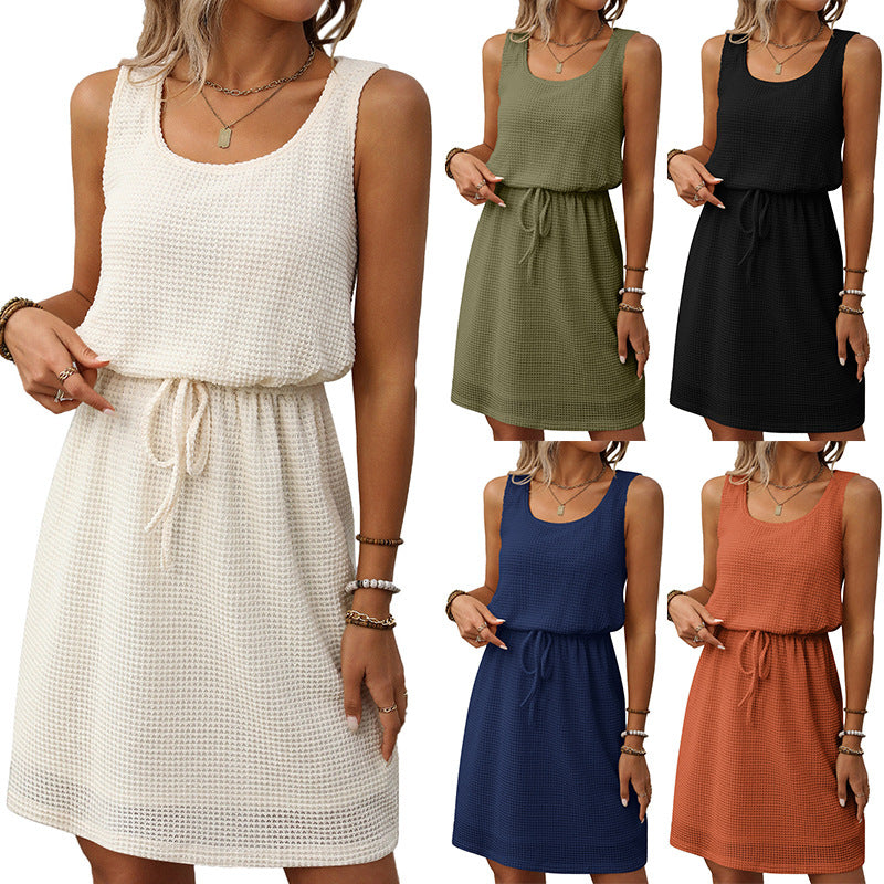 Summer New Square Neck Drawstring Sleeveless Vest Dress with Lining