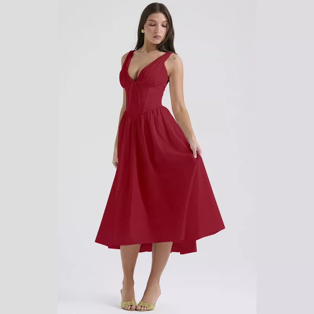 Summer Slim Suspender Long Dress Fashion Printed V-Neck Temperament Dress