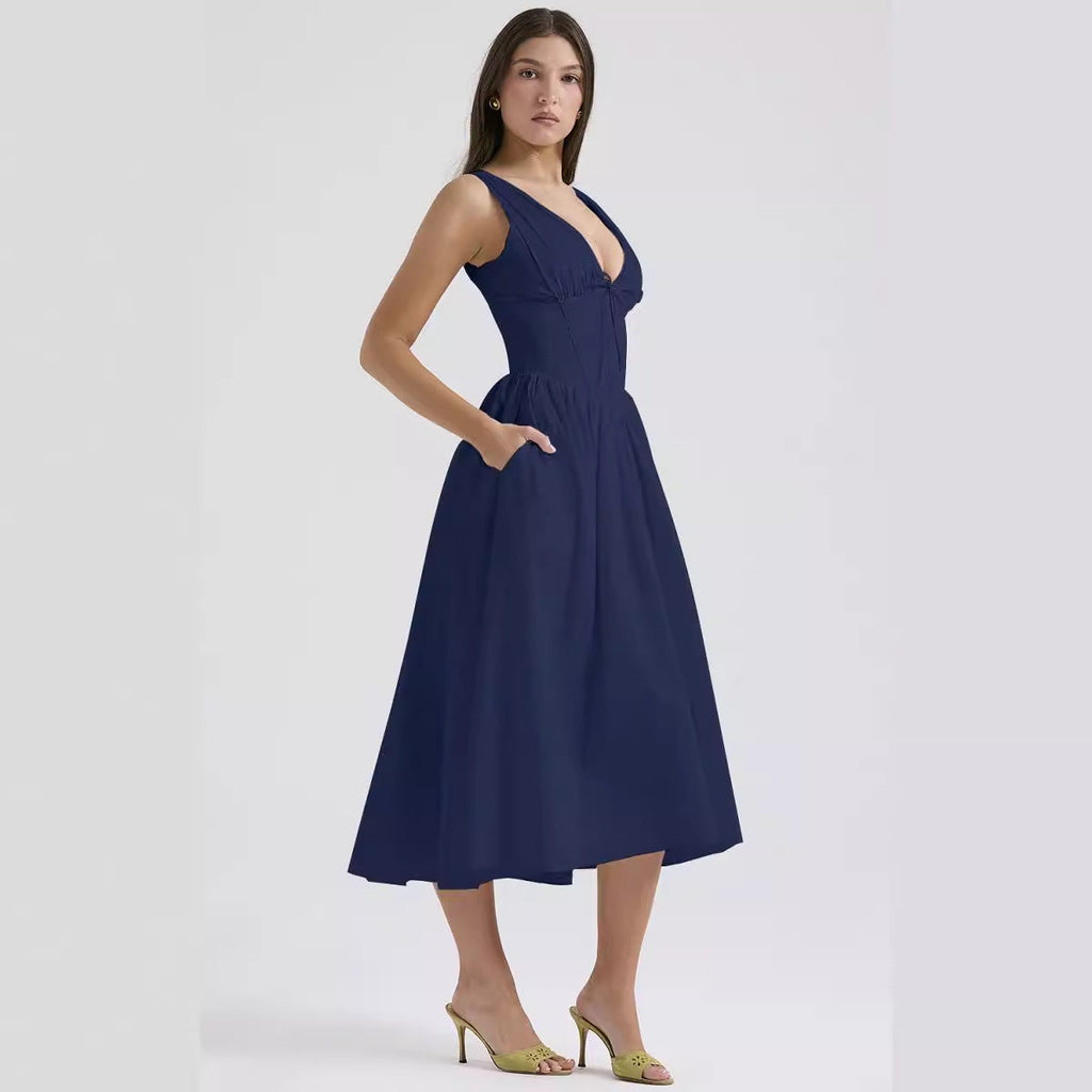 Summer Slim Suspender Long Dress Fashion Printed V-Neck Temperament Dress