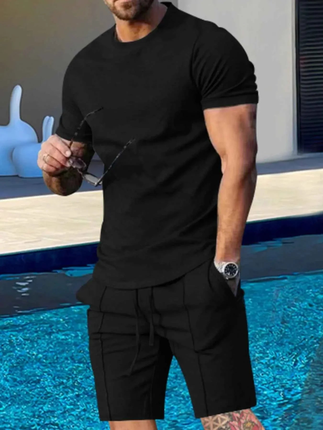 Men's Plus Size Round Neck Short Sleeve Top and Shorts Set